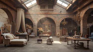 Vintage industrial loft studio with antique furniture, vaulted brick arches, and natural skylight.