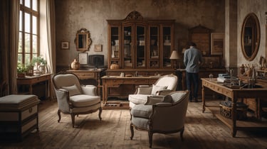 Vintage home office with antique wooden furniture, French provincial armchairs, and a large hutch.