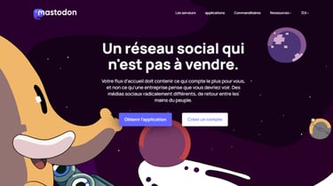 Image illustrant le réseau social mastodon : un éléphant observe une planète dans l'espace