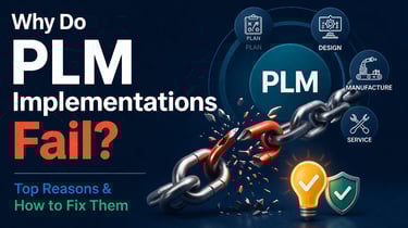 PLM implementation failure concept with broken chain and lifecycle stages.