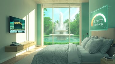 Recharge energy bedroom scene with Quran, Kaaba on TV, palm garden fountain and futuristic battery gauge