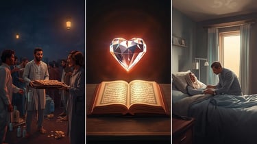 Ramadan illustration showing charity at night, glowing diamond heart above Quran, kneeling visitor comforting a sick person.