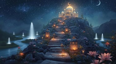 Mountain path with three palaces, glowing lotus and fountains symbolizing the last ten nights of Ramadan and Laylat al-Qadr