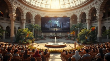 Islamic amphitheater fountain, palm trees, flowers and parrots watching a screen showing a mosque under Ramadan night sky.