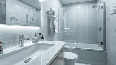 Modern bathroom interior featuring a white marble vanity, glass shower enclosure, and heated towel rack.