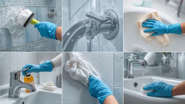 Professional bathroom cleaning service scrubbing tiles, polishing chrome faucets, and wiping a sink with blue gloves.