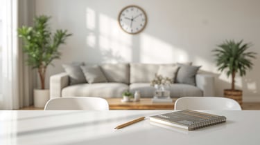 A spiral notebook and pencil on a white desk in a bright, modern living room workspace.
