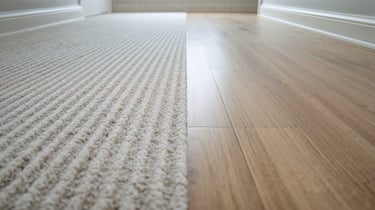 Transition between textured beige carpet and polished light oak hardwood flooring in a hallway.