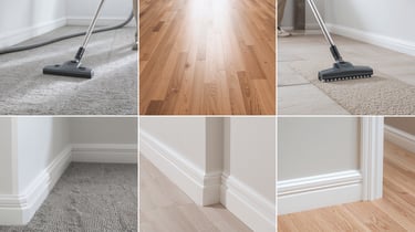 Professional vacuum cleaning on carpet, hardwood floors, and tile with clean white baseboards.