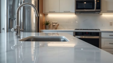 Modern chrome kitchen faucet on a white marble island countertop with stainless steel appliances.