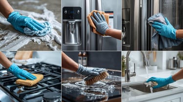 Professional kitchen cleaning service scrubbing appliances, sink, and stovetops with gloves.