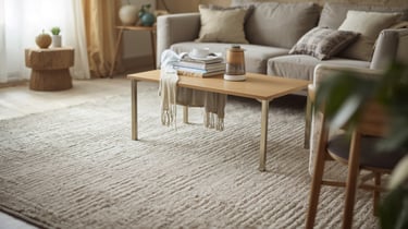 Minimalist beige textured area rug in a modern living room with a wooden coffee table and sofa.
