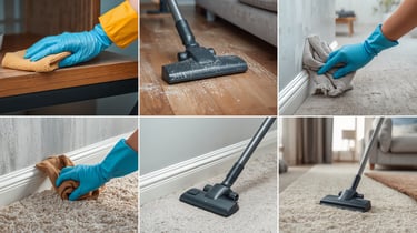 Professional house cleaning service using vacuum on carpets and wiping surfaces with microfiber cloths.