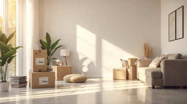 Cardboard moving boxes and plants in a bright, sunlit modern living room during a home relocation.