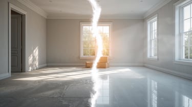 Empty room transformation showing a split between old dusty flooring and new polished hardwood floors.