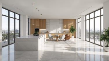 Modern luxury penthouse kitchen featuring white marble floors, light wood cabinetry, and floor-to-ceiling windows with city