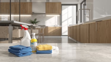 Professional kitchen cleaning supplies including spray bottles and microfiber cloths on a marble countertop.