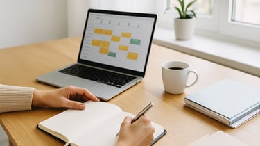 Organisation administrative et planification sur ordinateur portable avec carnet et café