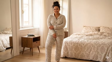 Smiling woman wearing comfortable heart-print pajamas in a bright, modern bedroom.