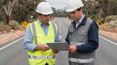 A team conducting a road safety audit with traffic cones and signage