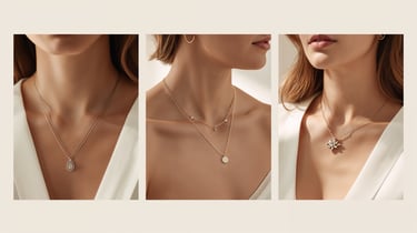 Elegant woman wearing layered gold pendant necklaces including teardrop, circle, and star designs.