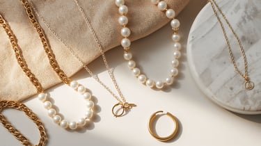 Elegant gold chain necklaces, pearl jewelry, and a ring displayed on marble and fabric.