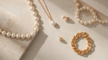 Elegant collection of pearl necklaces, gold chain bracelets, and stud earrings on a stone surface.