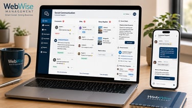 A laptop displaying the WebWise Management social media dashboard next to a smartphone showing customer support messages.