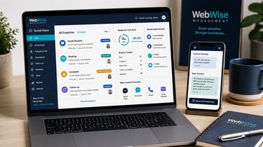A laptop and tablet display the WebWise Management inbox and customer service software, showing inquiry tracking and