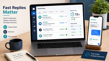 A laptop and smartphone displaying a social media inbox dashboard for customer service response management.