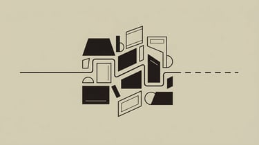 Geometric illustration of a continuous line navigating  through a cluster of abstract shapes.