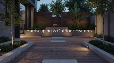Brick patio with text Hardscaping & Outdoor Features