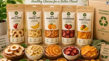 Sustainable food packaging and healthy dehydrated fruit products.