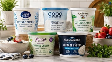 A few low fat, organic, high protein cottage cheese containers on the counter top of a kitchen.