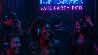 People dancing inside the Top Hammer Safe Party Pod during a trance DJ session.