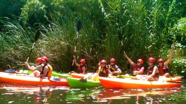 Group of kayakers paddling colorful kayaks through a calm river surrounded by tall reeds.