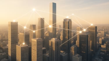 Bright cityscape with clear, glowing network lines showing connected digital ecosystems.
