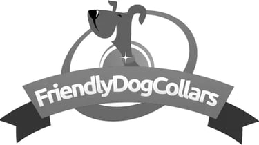 a grey cartoon dog with a banner in front of the dog reading Friendly Dog Collars