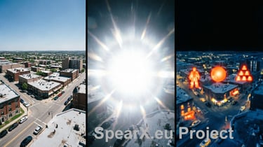 Triptych of an urban street corner transition from daylight to a bright light burst and night surveillance.
