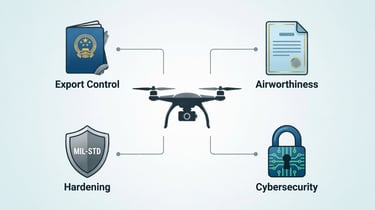 Infographic of drone compliance showing export control, airworthiness, hardening, and cybersecurity icons.