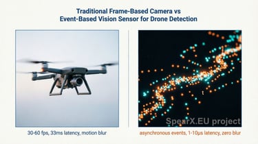 Comparison of traditional frame-based camera vs event-based vision sensor for high-speed drone detection.