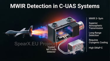 Infographic showing an MWIR MCT InSb detector tracking a drone for C-UAS long-range thermal detection.