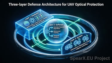 Diagram of a three-layer defense architecture for UAV optical protection showing hardware, software, and system security.