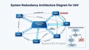 System redundancy architecture diagram for UAV showing sensor fusion and graceful degradation flowchart.