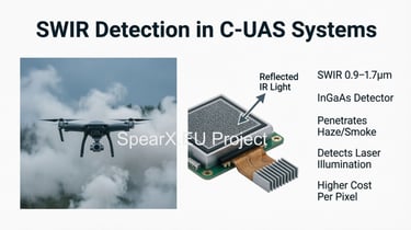 A SWIR InGaAs detector sensor next to a drone in clouds, highlighting C-UAS detection capabilities.
