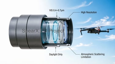 Cross-section diagram of a high-resolution optical lens for drones showing daylight camera components.