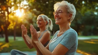 Smiling senior women practicing outdoor yoga and meditation in a sunny park at sunset.
