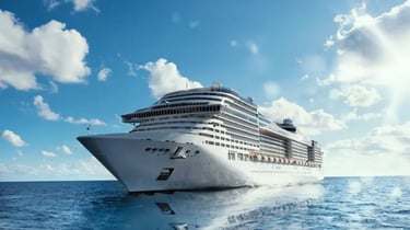 Luxury cruise ship sailing on calm blue ocean water under a bright sunny sky.