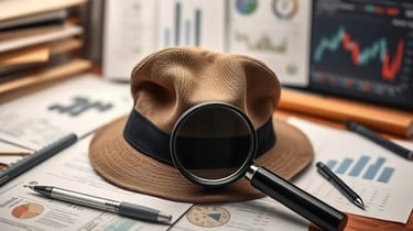 Visualize a detective hat and magnifying glass looking at documents and data.