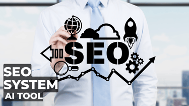 a man in a white shirt standing and pointing to an SEO symbol